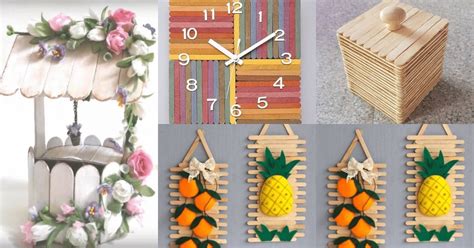 Variedad de manualidades hechas con palitos de helado en una mesa de trabajo con materiales de artesanía