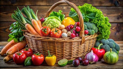 ilustracion de una cesta con variedad de frutas y verduras frescas y coloridas