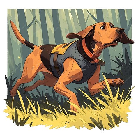 Ilustración detallada de un perro rastreando trufas en un bosque, con un recolector cerca.