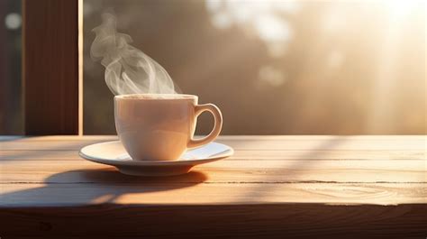 Taza de café humeante en una mañana soleada, con un bloc de notas y bolígrafo sugiriendo ideas