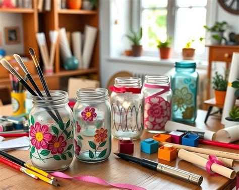 Conjunto de materiales variados para manualidades, incluyendo frascos de vidrio, telas y herramientas de costura.