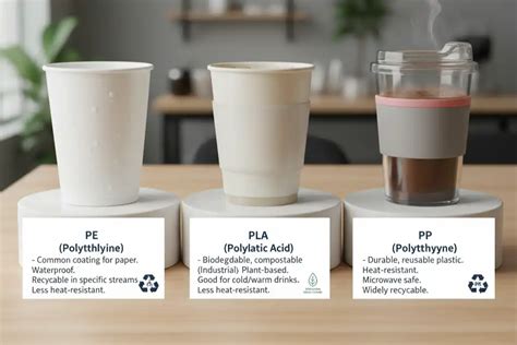 Infografía comparativa que muestra los materiales (PET, PP, PLA, Cartón) frente a sus aplicaciones ideales: postres fríos, horneados y delivery.
