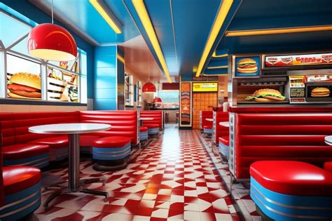 Diseño de interior de restaurante de hamburguesas con estética retro y clientes disfrutando