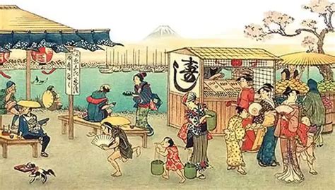 Ilustración de un puesto de sushi callejero en el período Edo.