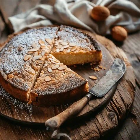 Bizcocho de almendras recién horneado y cortado