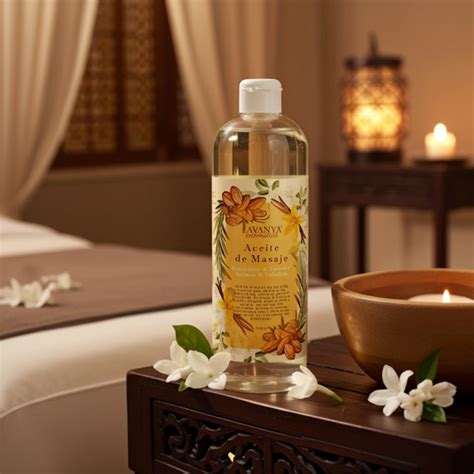 Foto de primer plano de aceite de masaje en una botella elegante con frambuesas frescas al lado, sobre un fondo sensual y suave