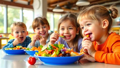 Niños sonriendo comiendo pasta con verduras.
