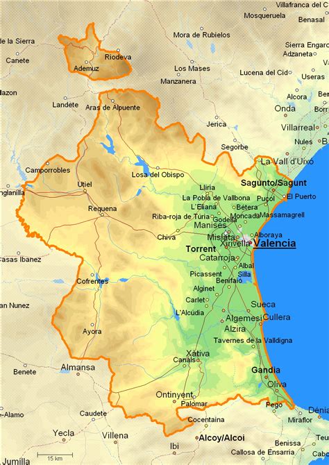 Mapa de la Provincia de Valencia con énfasis en la ciudad de Valencia y la Albufera.