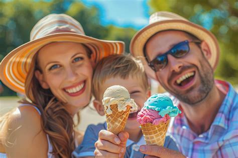 Familia feliz disfrutando de helados en un entorno soleado