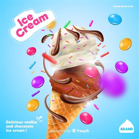 Interfaz de editor gráfico online mostrando una plantilla de anuncio de helado