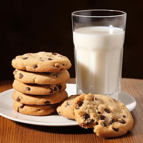 Plato con galletas de grageas recién horneadas y un vaso de leche fría