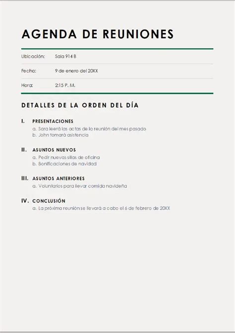 Ejemplo de plantilla de agenda para reuniones de trabajo.