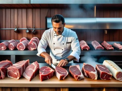Fotografía de un chef profesional seleccionando cortes de carne de alta calidad en una cocina moderna.