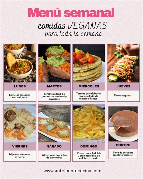 Foto de una mesa con un menú semanal vegano variado y colorido