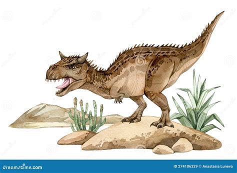 Ilustración del Carnotaurus en su entorno natural, destacando su silueta estilizada y sus cuernos característicos.