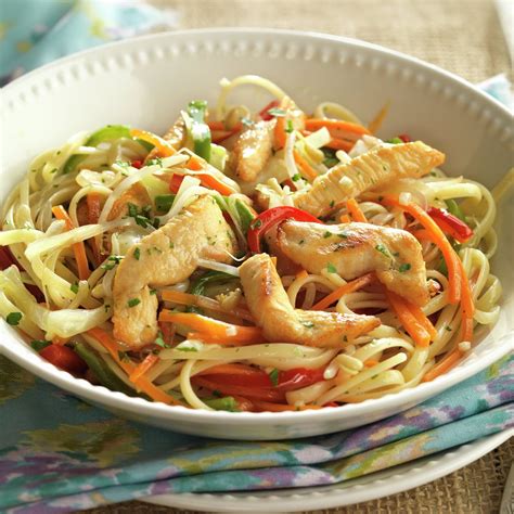 Plato de wok de fideos con pollo y verduras