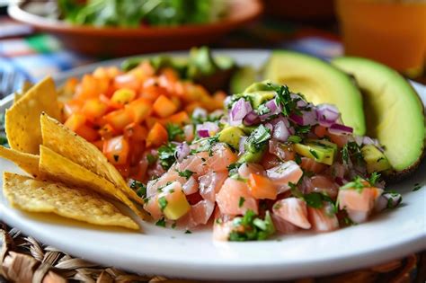 Plato de ceviche mexicano servido sobre tostadas de maíz con aguacate