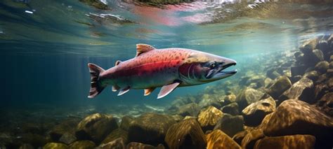 Ilustración detallada de un salmón nadando a contracorriente en un río