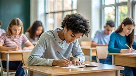 Estudiantes concentrados realizando una prueba de admisión universitaria