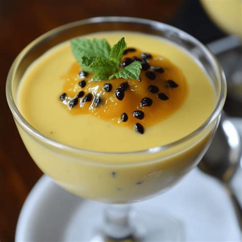 platillos individuales de mousse de maracuyá decorados con pulpa y semillas