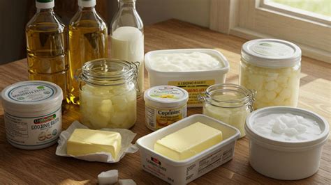 Esquema comparativo de grasas comunes: mantequilla, manteca vegetal, aceite y grasa de cerdo, detallando sus puntos de fusión y usos principales.