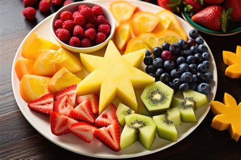 Ilustración de frutas cortadas en formas divertidas y coloridas, dispuestas en un plato para niños.