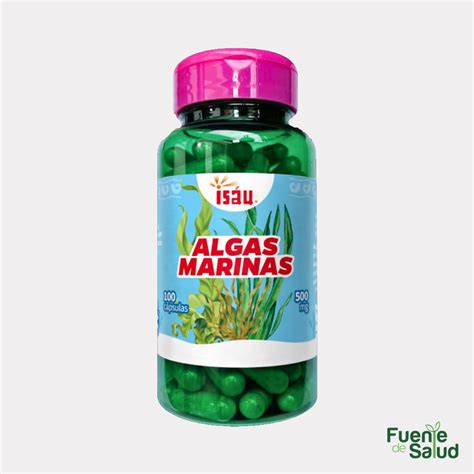 Imagen de algas marinas y cápsulas de suplemento de aceite de algas