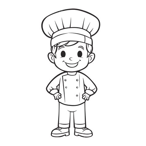 Ilustración de un niño o niña usando un delantal de cocinero y gorro de colores vivos, con elementos de cocina y dibujos para colorear alrededor.