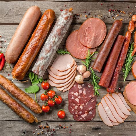 Variedad de productos cárnicos procesados, como embutidos, carne molida y tocino