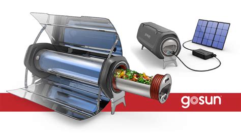 Fotografía detallada del horno GoSun Fusion conectado a una batería portátil (Power Bank) para cocinar en ausencia de sol.