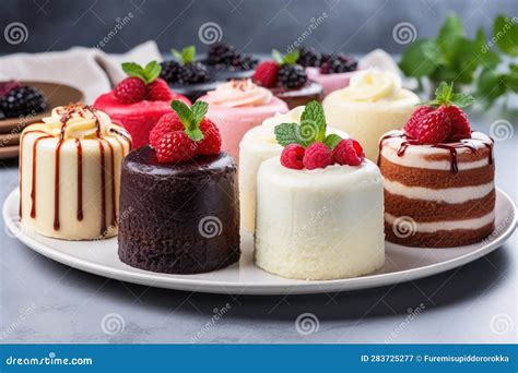 Ilustración de un surtido de pasteles finos y coloridos.