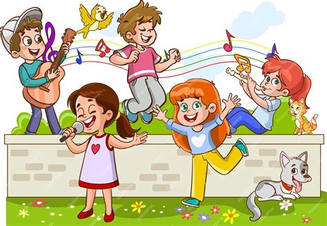 Ilustración de niños cantando y jugando en grupo