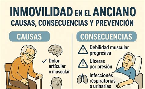 Ilustración esquemática de las causas y consecuencias del síndrome de inmovilidad en adultos mayores.