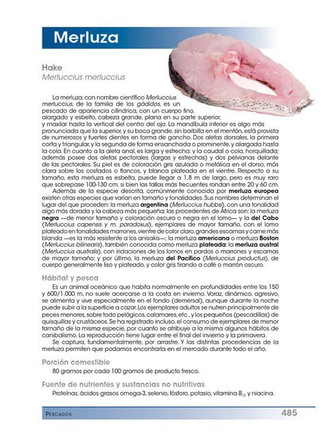 Infografía: Valor nutricional de la merluza destacando proteínas, vitaminas B, fósforo, potasio y bajo contenido en grasas.