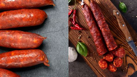 Esquema visual que muestra la diferencia entre un chorizo fresco (listo para cocinar) y uno curado (seco).