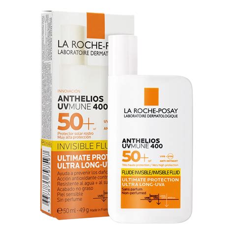 Envase del protector solar La Roche-Posay Anthelios UV Mune 400 FPS50+ con color en un fondo neutro
