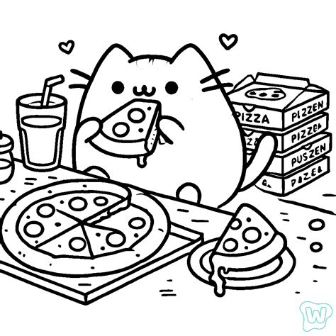 Pusheen comiendo pizza, ilustración para colorear