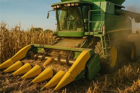 Esquema técnico de una trilladora de maíz mostrando el flujo del grano desde la entrada hasta la tolva de almacenamiento