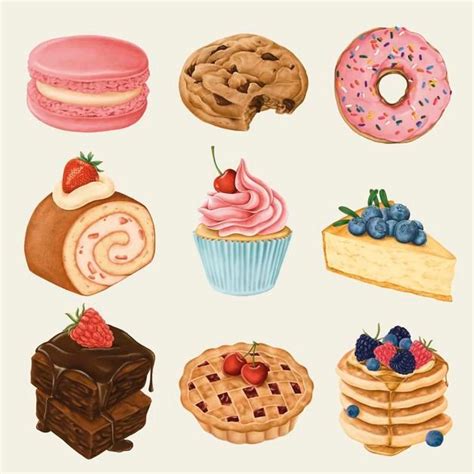Ilustración de postres y chocolates con ojos divertidos