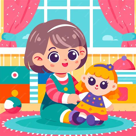 Ilustración de una niña jugando con su muñeca en un entorno de fantasía