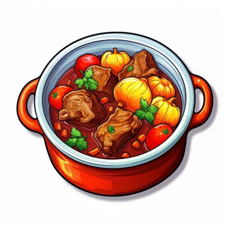 Ilustración de una olla con carne y verduras cocinándose a fuego lento