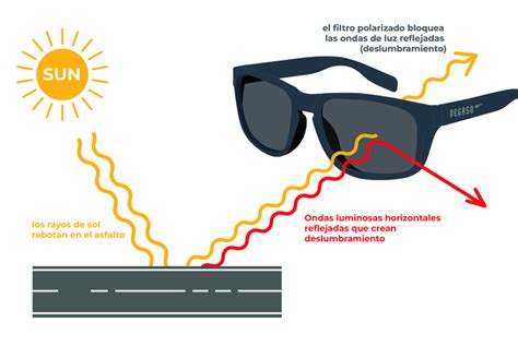 Esquema de cómo las lentes polarizadas Bollé reducen el deslumbramiento y filtran los rayos UV