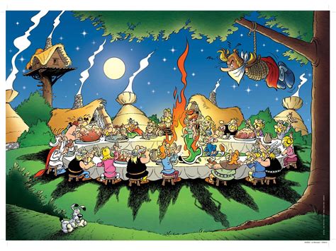 Ilustración de Astérix y Obélix disfrutando de un banquete