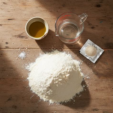 Bol con ingredientes para la masa de pizza, mostrando harina, agua y levadura.