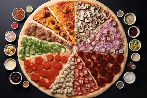 Variedad de ingredientes cortados listos para ser usados como toppings de pizza.