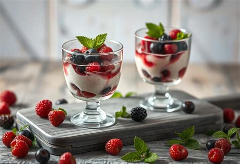 Copa de postre en capas con frutos rojos, crema y manjar