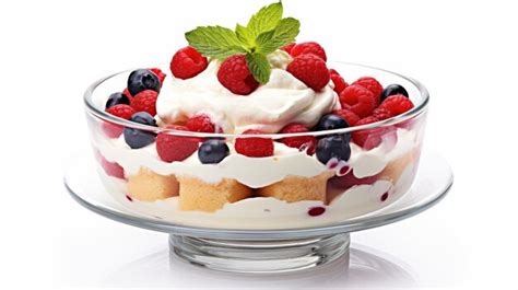 Trifle tradicional inglés en un cuenco de cristal, mostrando las capas de bizcocho, crema y frutas