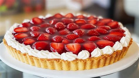 Tarta de frutillas y crema con base de masa horneada, vista de cerca