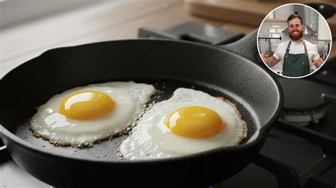 Chef preparando huevos fritos con técnica avanzada