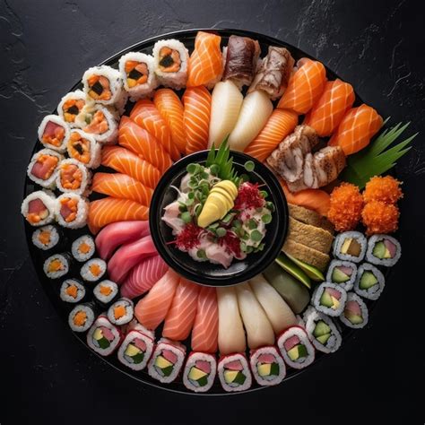 Plato variado de sushi y sashimi con diferentes salsas y acompañamientos en un restaurante japonés